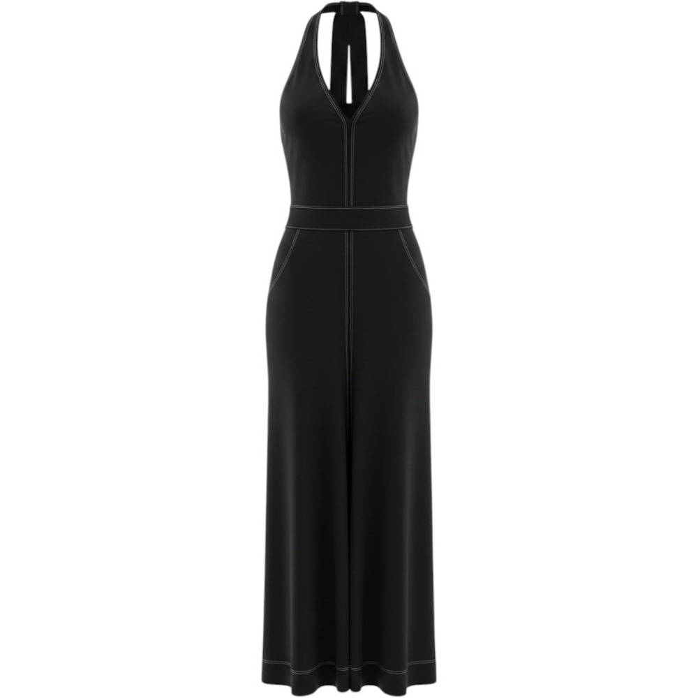 Free People Beach Black Contrast Stitch Halter Maxi Dress OB1666794 Large NWT